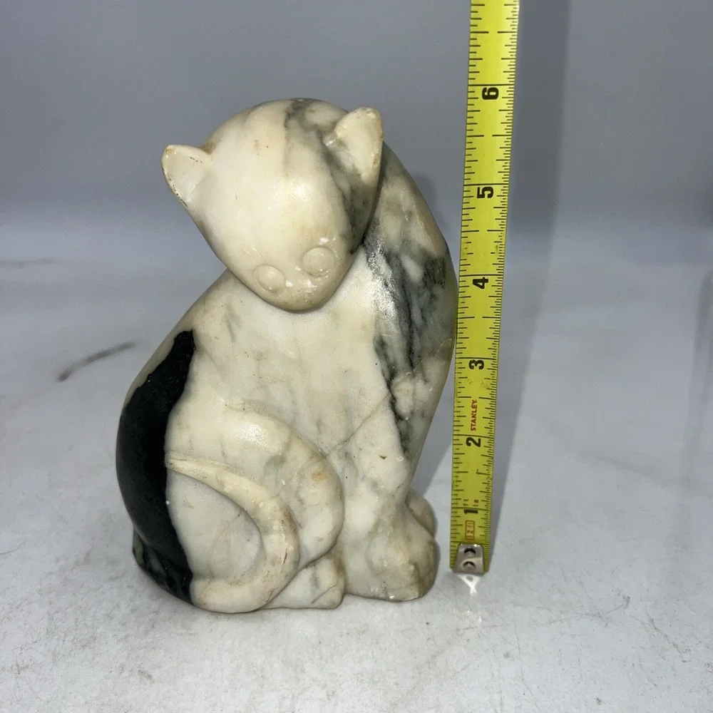 Vintage Marble Sitting Cat Kitten Figurine Sculpture Whimsical Gray and White